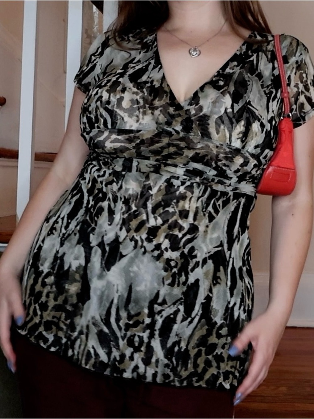 Audrey & Grace Olive and Black Animal Print V-Neck Mini Dress